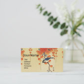 Blauwe tiervogel, Paulownia tak, rode herfstblader Visitekaartje (Staand voorkant)