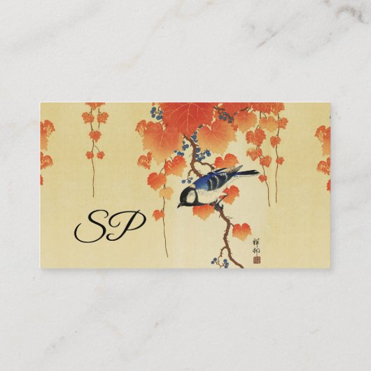 Blauwe tiervogel, Paulownia tak, rode herfstblader Visitekaartje (Achterkant)