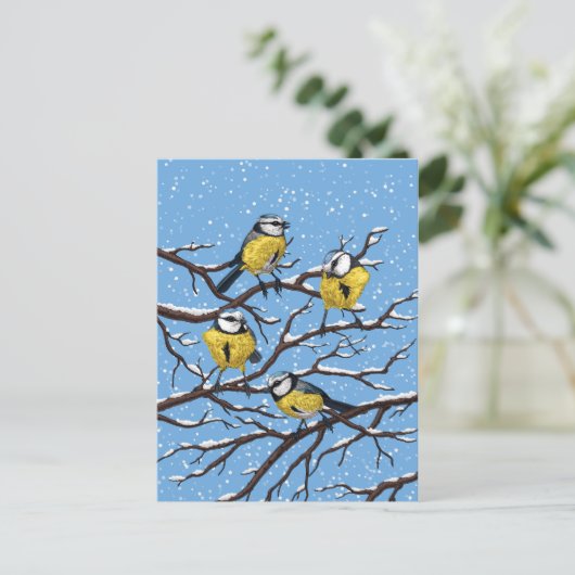 Blauwe tietvogels in de winter briefkaart (Staand voorkant)