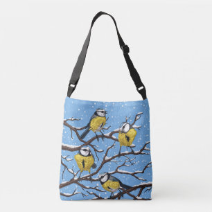 Blauwe tietvogels in de winter crossbody tas
