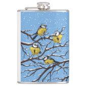 Blauwe tietvogels in de winter heupfles (Voorkant)