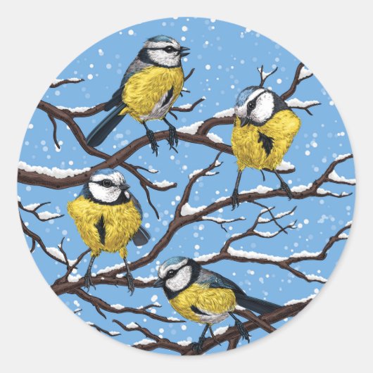 Blauwe tietvogels in de winter ronde sticker (Voorkant)