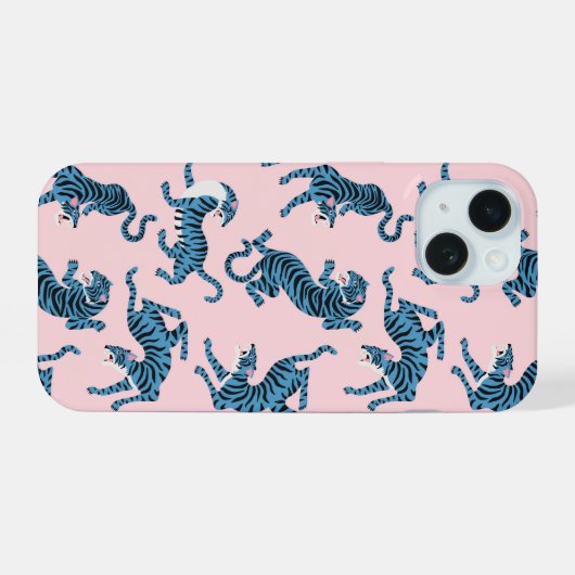 Blauwe Tijger Aziatisch Patroon iPhone 15 Case (Achterkant horizontaal)