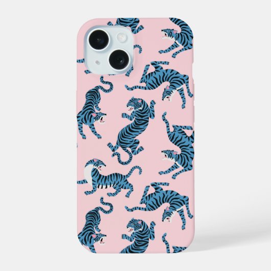 Blauwe Tijger Aziatisch Patroon iPhone 15 Case (Achterkant)