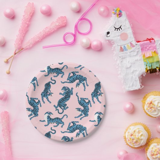 Blauwe Tijger Aziatisch Patroon Papieren Bordje (Feest)