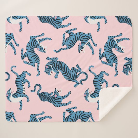 Blauwe Tijger Aziatisch Patroon Sherpa Deken (Voorkant (horizontaal))