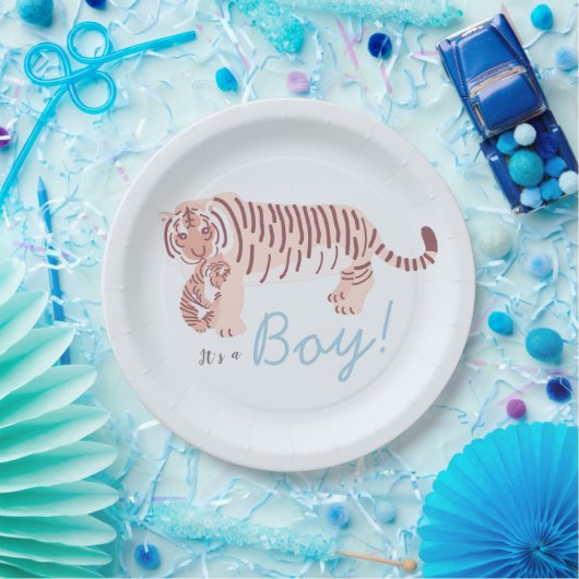 Blauwe Tijger & Cub Jongen Baby shower Papier Bord (Feest)
