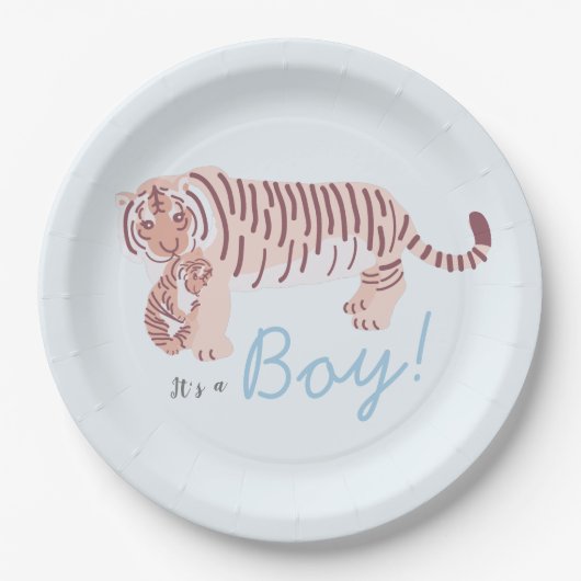 Blauwe Tijger & Cub Jongen Baby shower Papier Bord (Voorkant)
