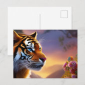 Blauwe tijger en roze bloemen briefkaart (Voorkant / Achterkant)