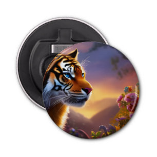Blauwe tijger en roze bloemen button flesopener