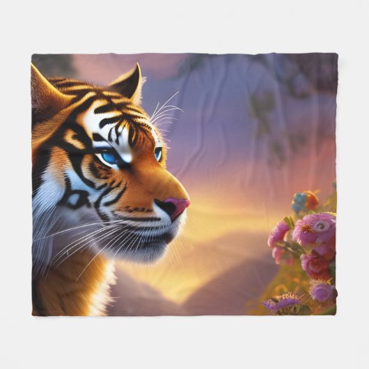 Blauwe tijger en roze bloemen fleece deken (Voorkant (Horizontaal))