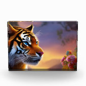 Blauwe tijger en roze bloemen fotoblokken (Voorkant)