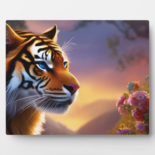 Blauwe tijger en roze bloemen fotoplaat (Voorkant)