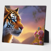 Blauwe tijger en roze bloemen fotoplaat (Zijkant)