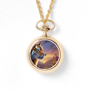 Blauwe tijger en roze bloemen horloge