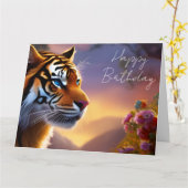 Blauwe tijger en roze bloemen kaart (Gele Bloem)