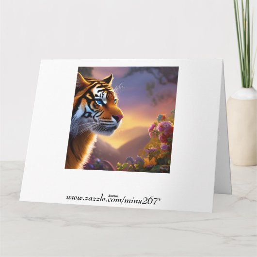 Blauwe tijger en roze bloemen kaart (Achterkant)
