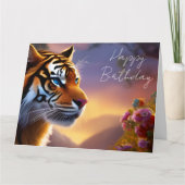 Blauwe tijger en roze bloemen kaart (Voorkant)