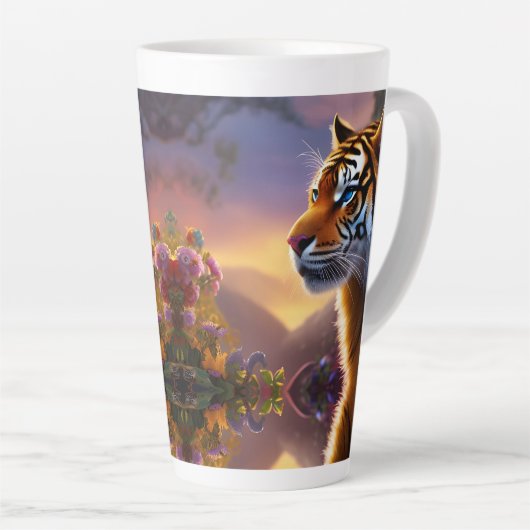 Blauwe tijger en roze bloemen latte mok (Rechterhoek)
