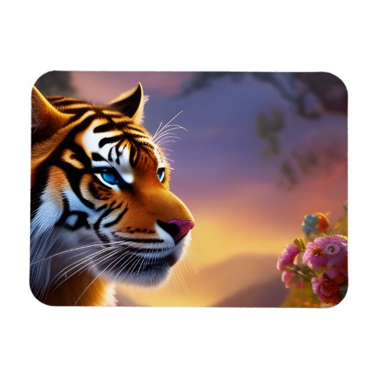 Blauwe tijger en roze bloemen magneet (Horizontaal)