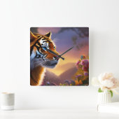 Blauwe tijger en roze bloemen vierkante klok (Huis)