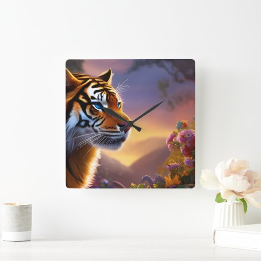 Blauwe tijger en roze bloemen vierkante klok (Huis)