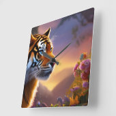 Blauwe tijger en roze bloemen vierkante klok (Hoek)