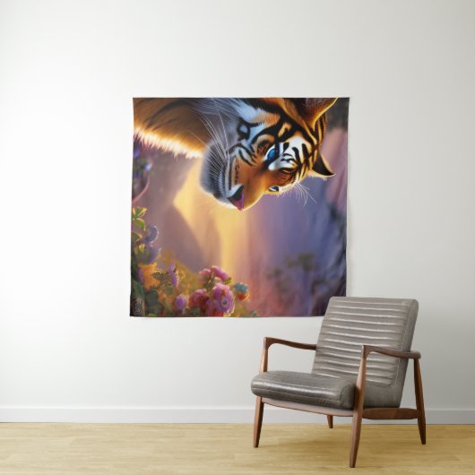 Blauwe tijger en roze bloemen wandkleed (In Situ (horizontaal))