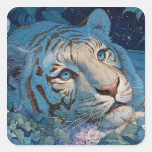 Blauwe Tijger in Weelderige Lavendel en Blauwe Blo Vierkante Sticker