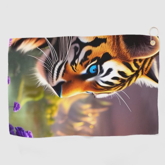 Blauwe tijgerkubus en paarse bloemen golfhanddoek (Horizontaal)