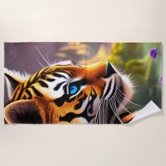 Blauwe tijgerkubus en paarse bloemen strandlaken (Voorkant)