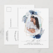 Blauwe tinten Bloemen Bewaar de datum Foto Aankondigingskaart (Voorkant / Achterkant)