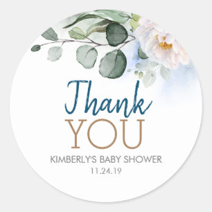 Blauwe tinten groen en witte bloem Baby shower Ronde Sticker