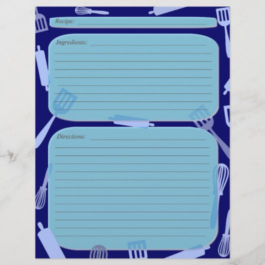 Blauwe tinten kookgerei recept pagina (Voorkant)