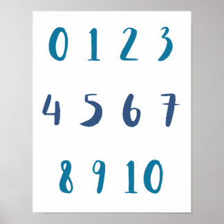 Blauwe tinten Nul tot Tien 0 tot 10 Kinder kamer Poster