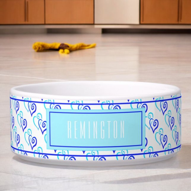 Blauwe tinten Twee Gekoppelde Hart Patroon Custom Voerbakje (front custom pet bowl blue linked heart pattern )