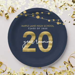 Blauwe tinten van licht 20 jaar klasse reunion papieren bordje