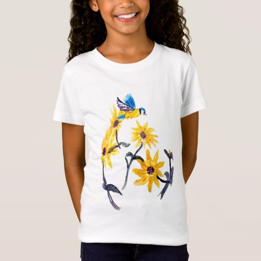 Blauwe tit en geelzonnebloemen Kunst, Floral T-shirt (Voorkant)