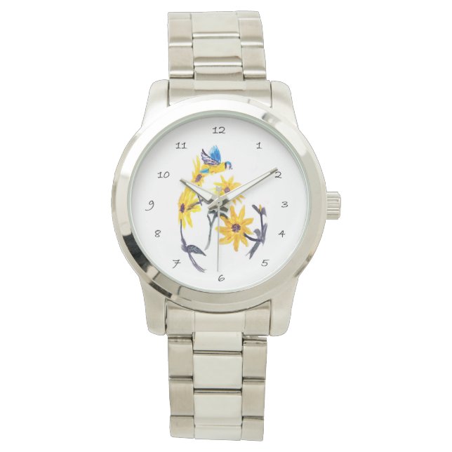 Blauwe Tit Gele Zonnebloemen Kunst, Bloemen Horloge (Voorkant)