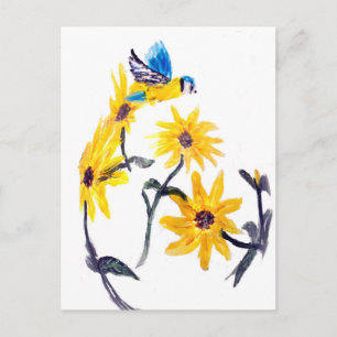 Blauwe tit, gele zonnebloemen Natuur Art Briefkaart