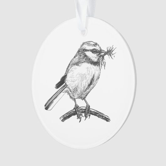 Blauwe tit vogel inkt tekening ornament (voorkant)