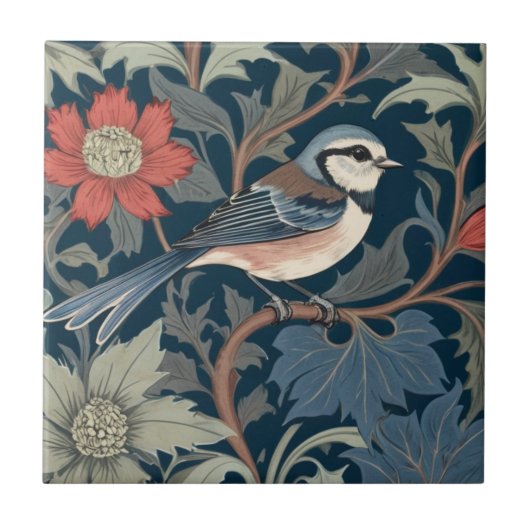 Blauwe Tit William Morris stijl Rechts tegenover B Tegeltje (Voorkant)