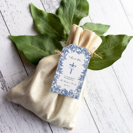 Blauwe Toile Bloem Doop Cadeautag Cadeaulabel