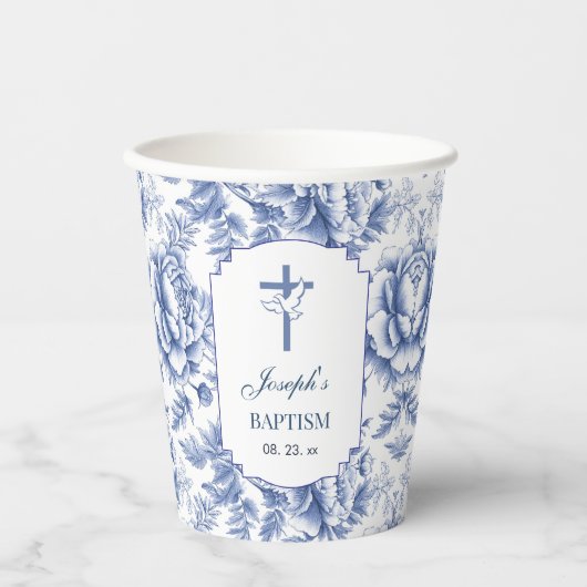 Blauwe Toile Bloem Doop Papier Cup Papieren Bekers (Voorkant)