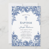 Blauwe Toile Bloem Doop Uitnodiging (Voorkant)