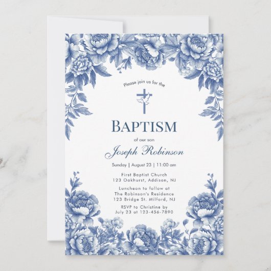 Blauwe Toile Bloem Doop Uitnodiging (Voorkant)