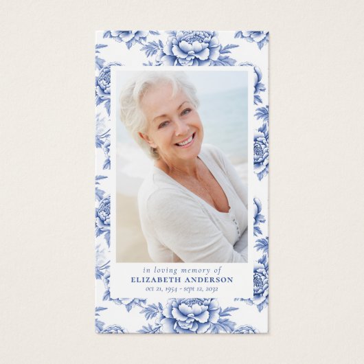 Blauwe Toile Bloemen Foto Begrafenisgebed Kaart (Voorkant)