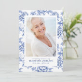 Blauwe Toile Bloemen Fotobegrafenis Kaart (Staand voorkant)
