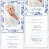 Blauwe Toile Bloemen Fotobegrafenis Kaart