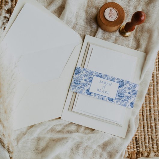 Blauwe Toile Bloemen Nodig Belly Band Uitnodigingen Wikkel